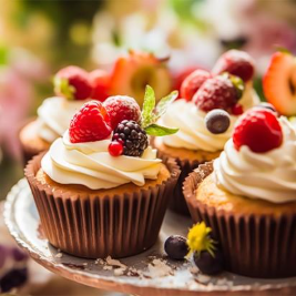 A display of cupcakes adorned with swirls of white frosting, topped with berries