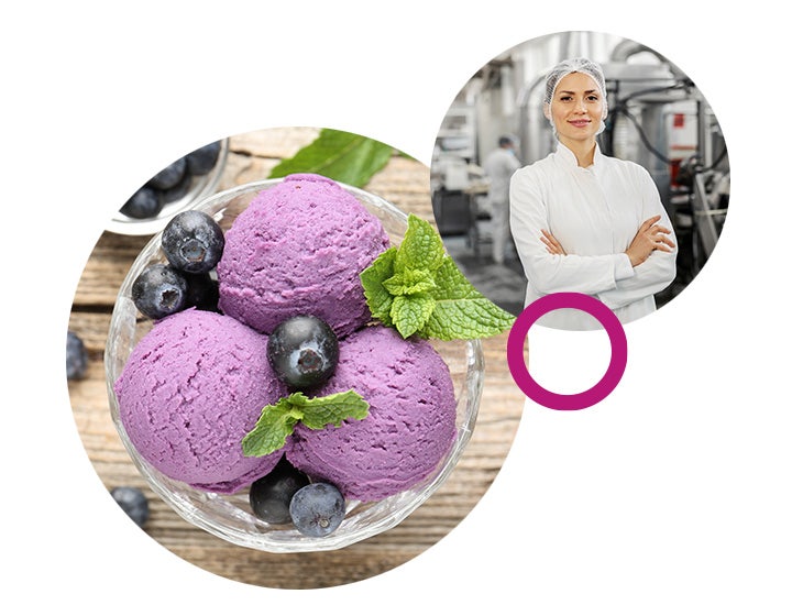 A bowl of purple ice cream with blueberries and mint, Inset: food scientist smiling in a food production setting.