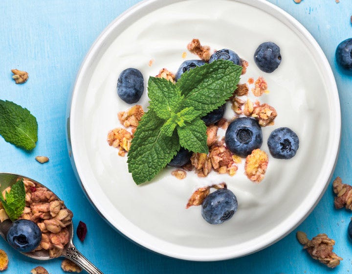 Cup of yogurt topped with granola and blueberries, symbolizing cultured dairy products