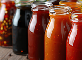 Bottles of sauces lined up, representing soups, sauces, and gravies solutions.