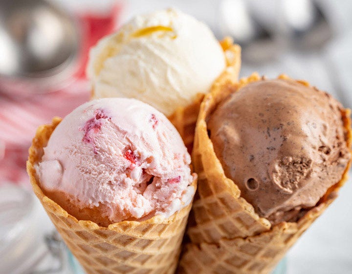 Scoops of assorted ice cream in cones, highlighting frozen dessert applications