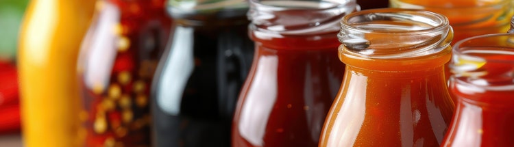 Glass jars filled with sauces, representing soups, sauces, and gravies ingredient solutions