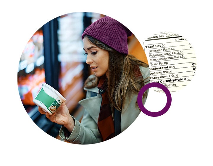 Woman in winter clothes looking at a nutrition label, emphasizing reformulation for better nutrition