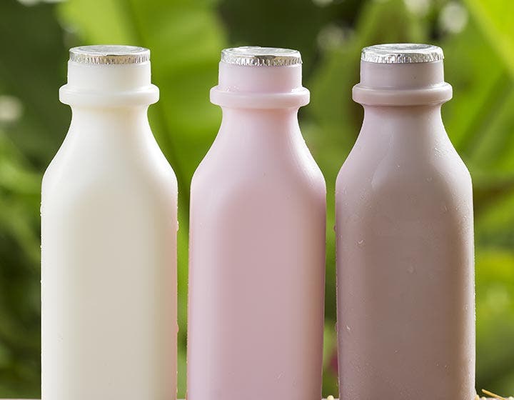 Row of bottled dairy and alternative dairy beverages, highlighting dairy innovations